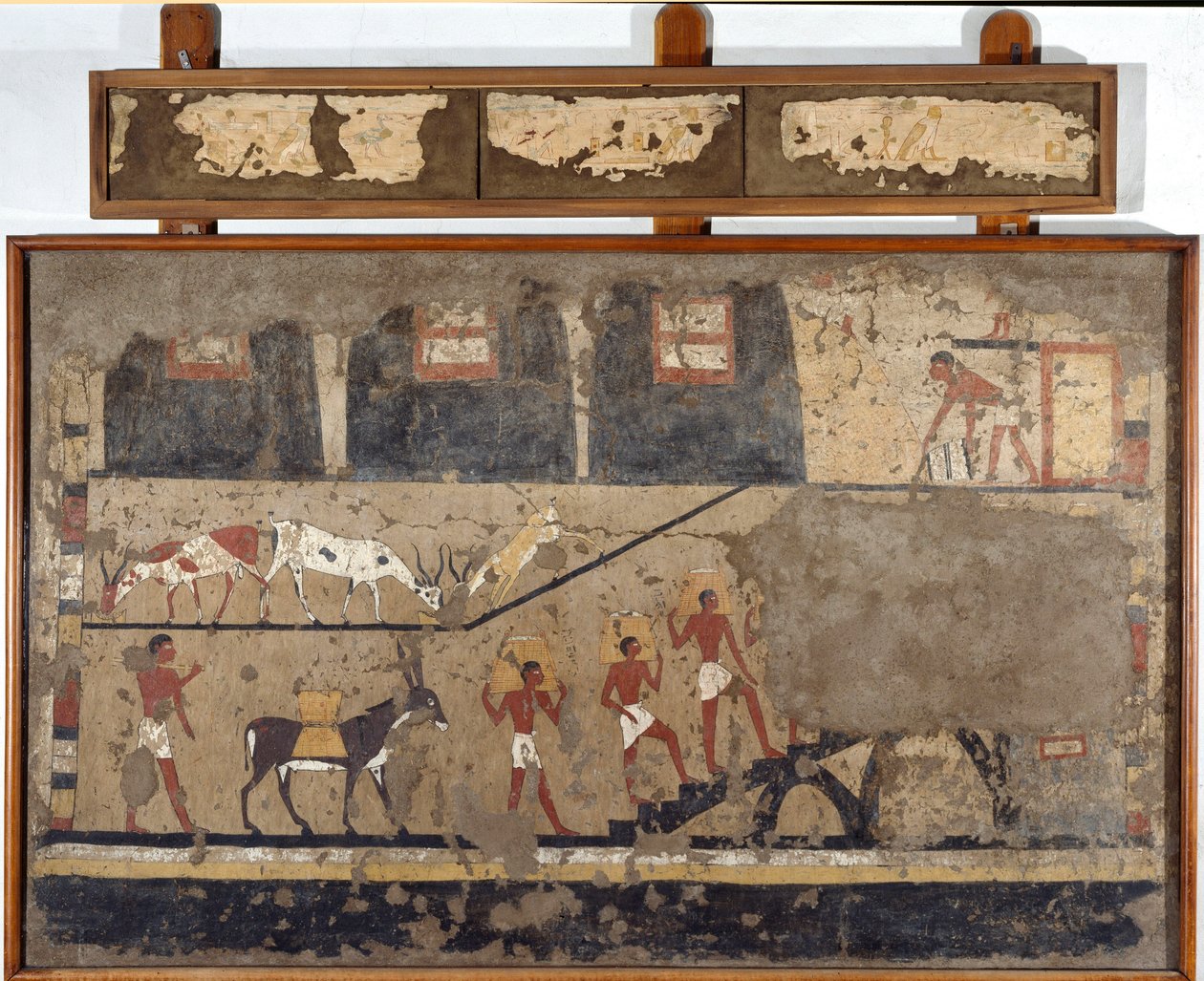Antiguidade egípcia: o transporte de trigo nas costas das mulas e nas costas dos homens. Detrempe em barro e palha do túmulo do General e Chanceler do Rei Iti em El Ghebelen, perto de Luxor. 2200-2000 AC. Turim, museu egípcio de Egyptian Egyptian