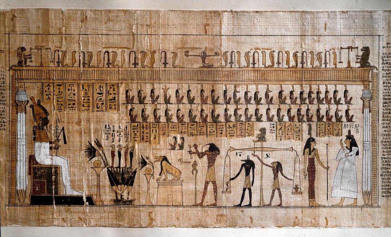 Antiguidade egípcia: a pesagem das almas (psicostasia). Papiro de um Livro dos Mortos. Turim, Museu Egípcio - Antigo Egito: a pesagem das almas (psicóstase). Papiro do Livro dos Mortos. Museu Egípcio, Turim, Itália. de Egyptian Egyptian
