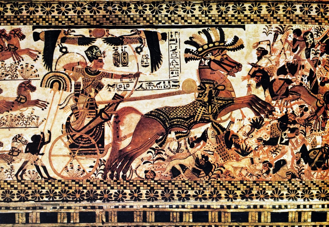 Pintura mural em túmulo egípcio representando uma cena de batalha de Egyptian Egyptian