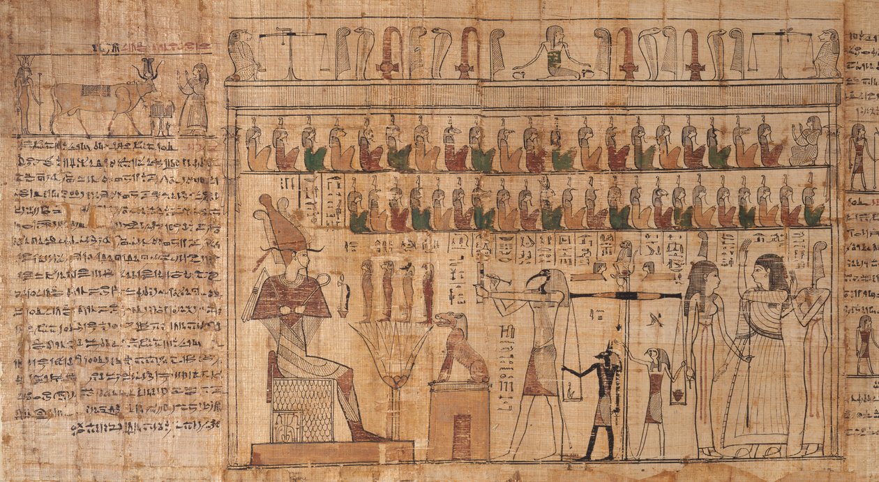 Livro dos mortos de Tsekhons, pormenor, a pesagem das almas (psicostasia), -664 a -332 (papiro) de Egyptian Egyptian