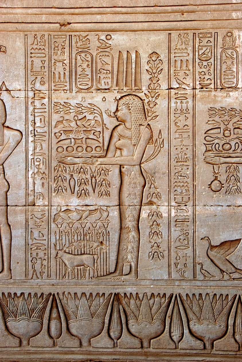 Antiguidade egípcia: representação de uma jovem mulher trazendo oferendas em homenagem à deusa, Templo de Hathor, Denderah, Egito de Egyptian Ptolemaic Period