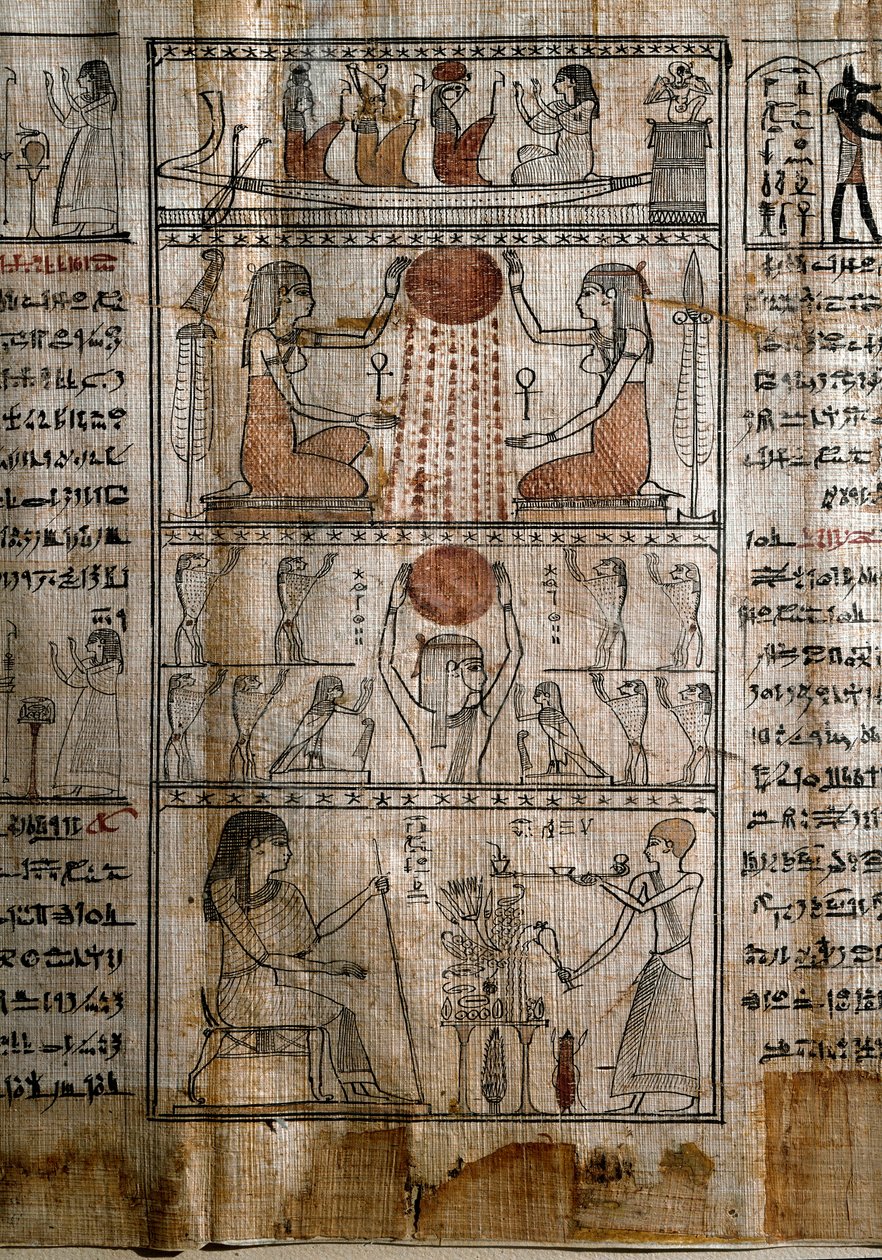 Antiquite egípcia: simbologia solar. papiro de um Livro dos Mortos. Período ptolemaico. Turim, Museu Egípcio - Antigo Egito: o poder vivificador do sol. Papiro do Livro dos Mortos. Período ptolemaico. Museu Egípcio, Turim, Itália. de Egyptian Ptolemaic Period
