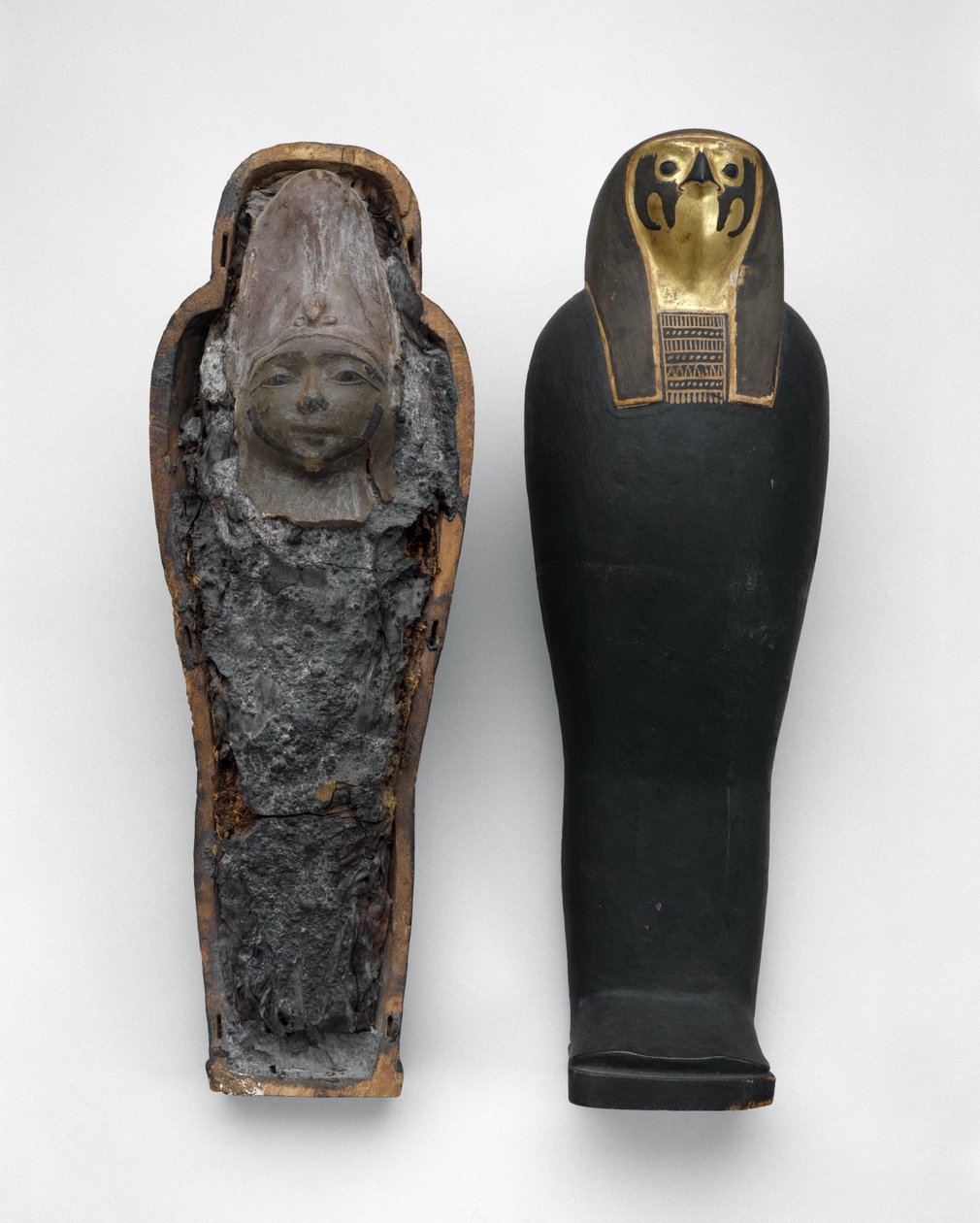 Caixão em forma de falcão com múmia de grãos, 332-30 aC (madeira pintada e dourada, grão, terra, linho e cera) de Egyptian Ptolemaic Period