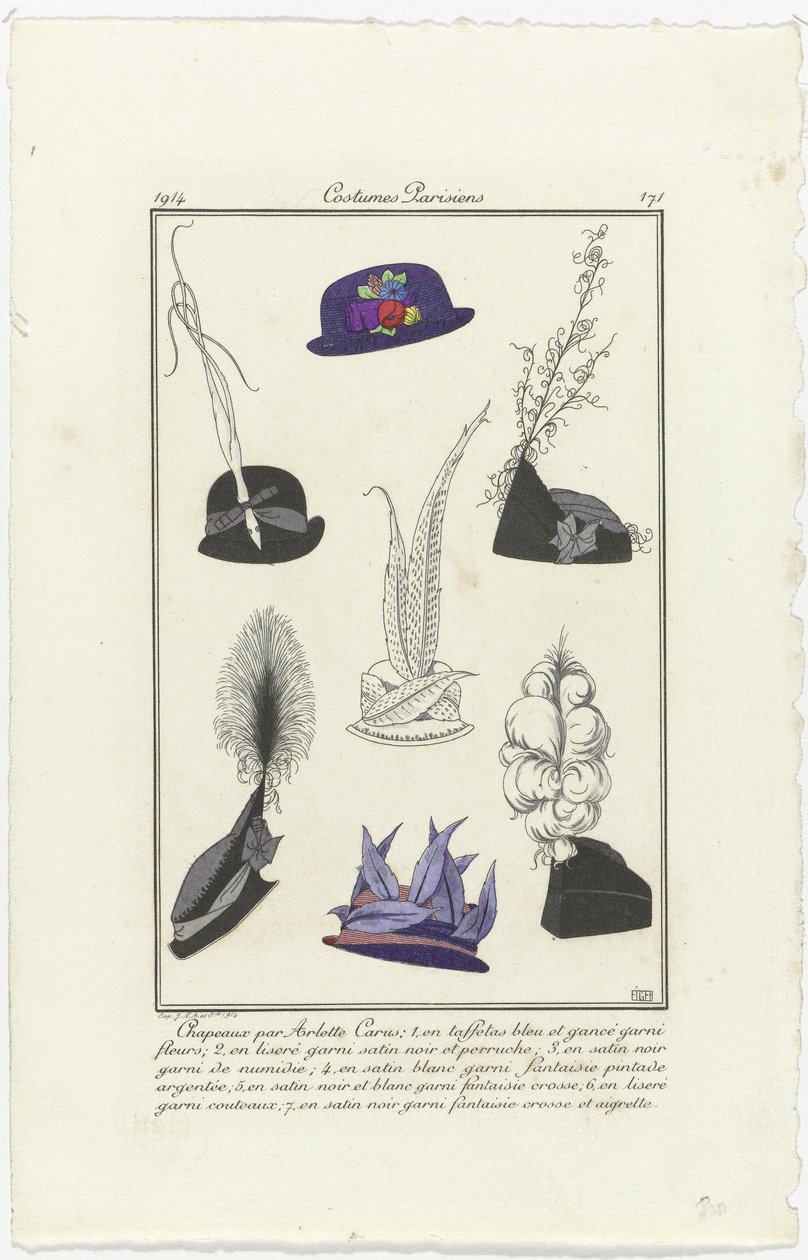 Acessórios
Journal des Dames et des Modes, Costumes Parisiens, 1914, No. 171: Chapéus de Arlett (...) de Eiger