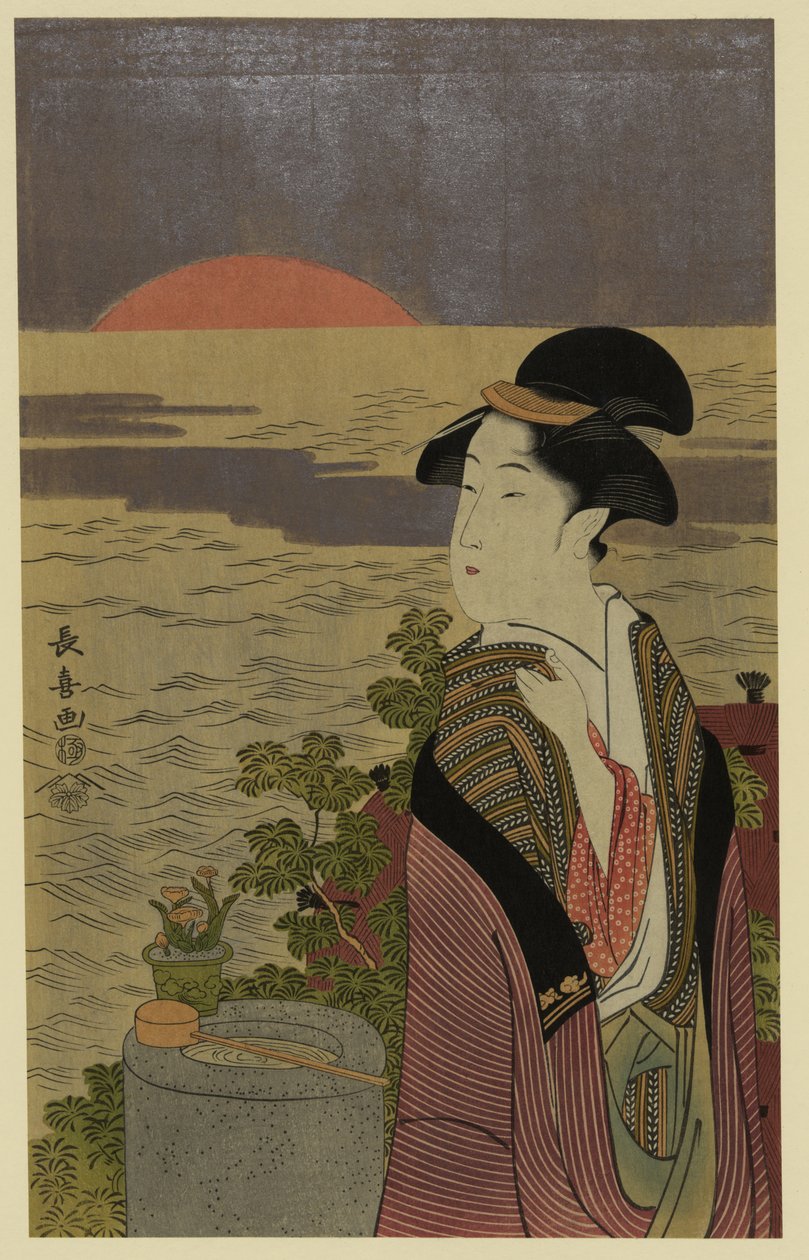 Impressão de xilogravura colorida de ukiyo-e japonês de Eishōsai Chōki