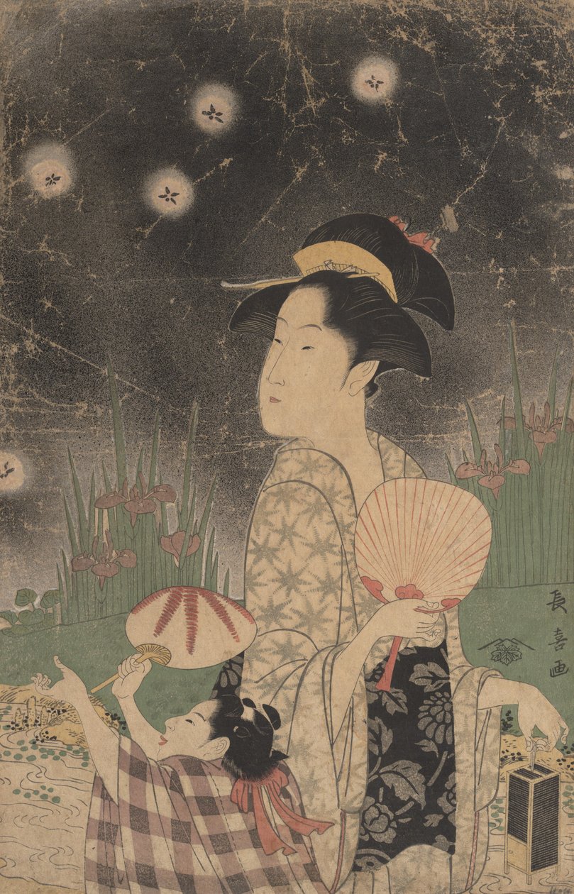 Mulher e criança pegando vaga-lumes, ca. 1793. de Eishōsai Chōki