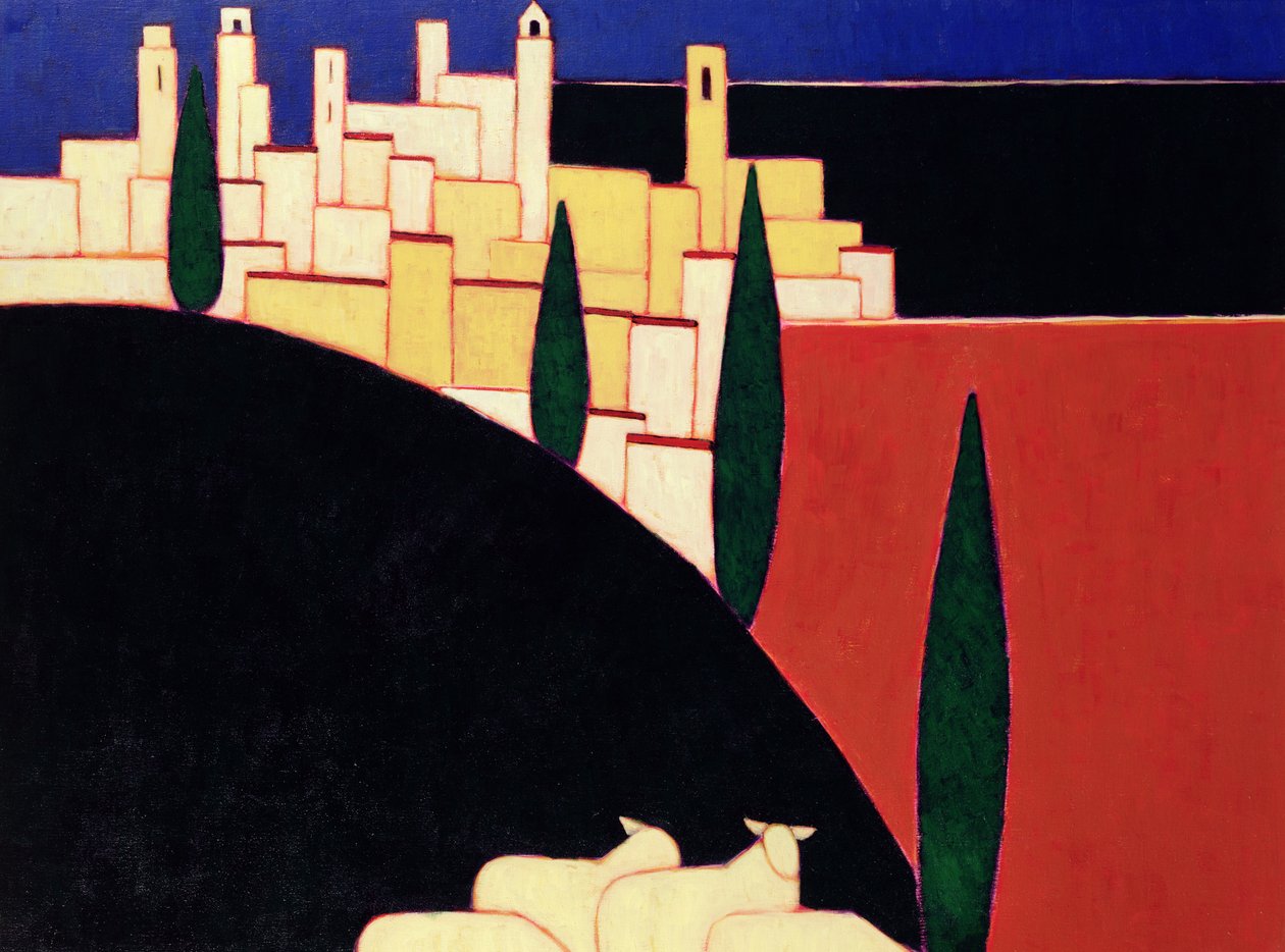 San Gimignano com ovelhas, 1999 (acrílico sobre papel) de Eithne Contemporary Artist Donne