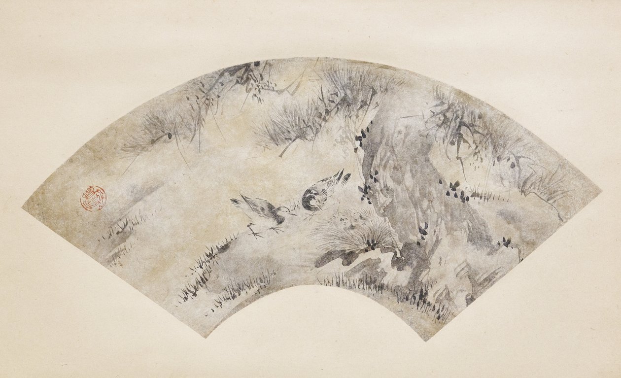 Aves e pinheiro, cerca de 1570-1590 (tinta e ouro sobre papel) de Eitoku Kano