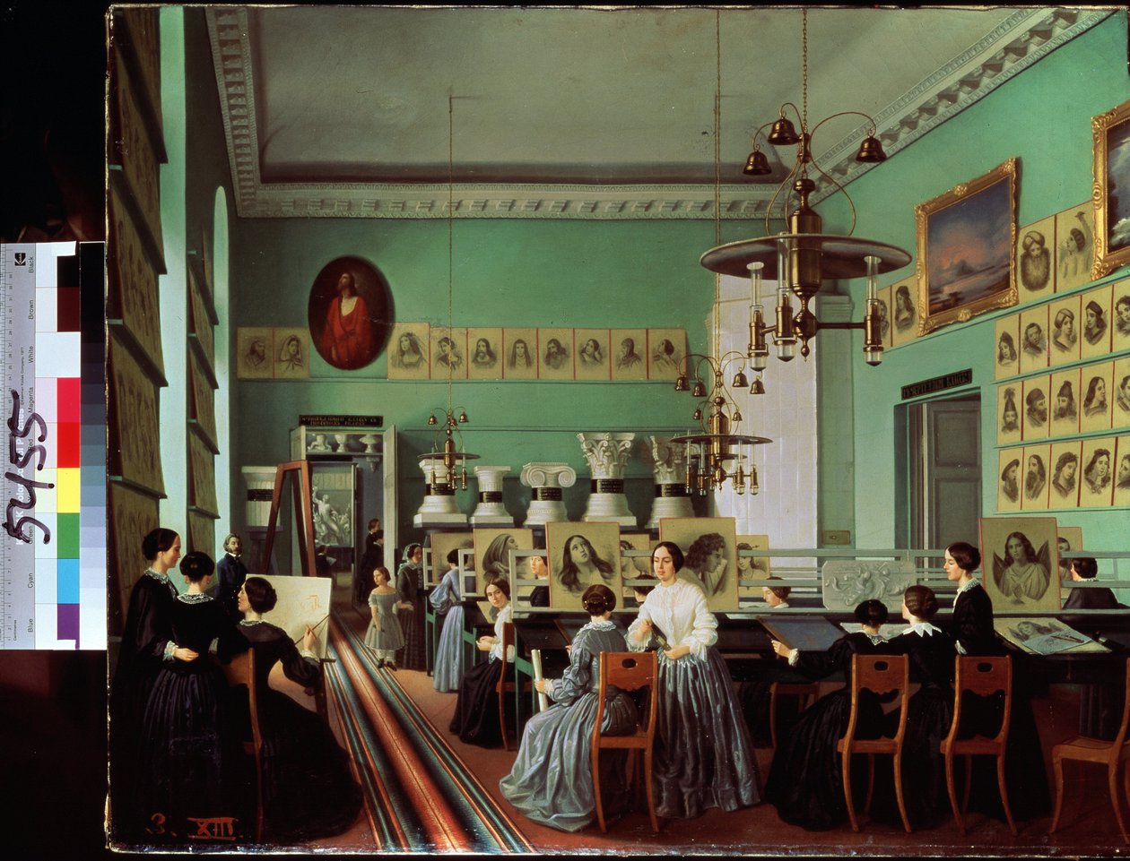 Vista da secção de Mulheres da Escola de Desenho de São Petersburgo. Estudantes nos seus cavaletes, pintando retratos, rodeados de elencos. Pintura de Ekaterina Nikola de Ekaterina Khilkova