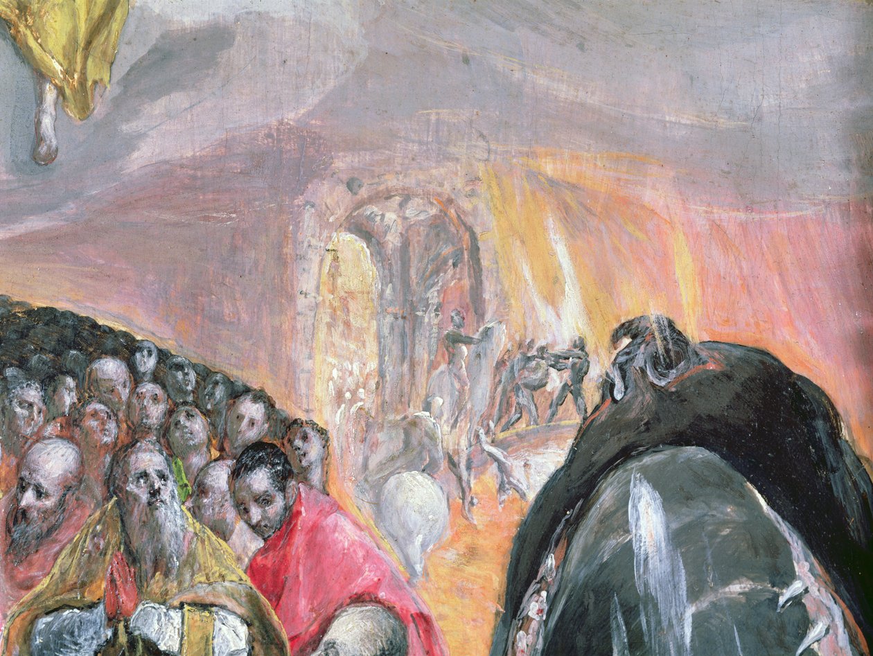 A Adoração do Nome de Jesus, c.1578 (óleo e têmpera sobre madeira) (detalhe de 99408) de El Greco