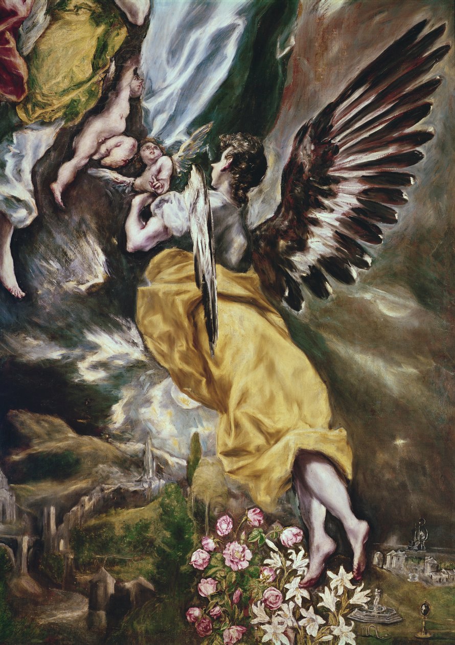 A Imaculada Conceição (detalhe de anjo, flores, atributos marianos e Toledo) 1607-13 (ver também 90015) de El Greco
