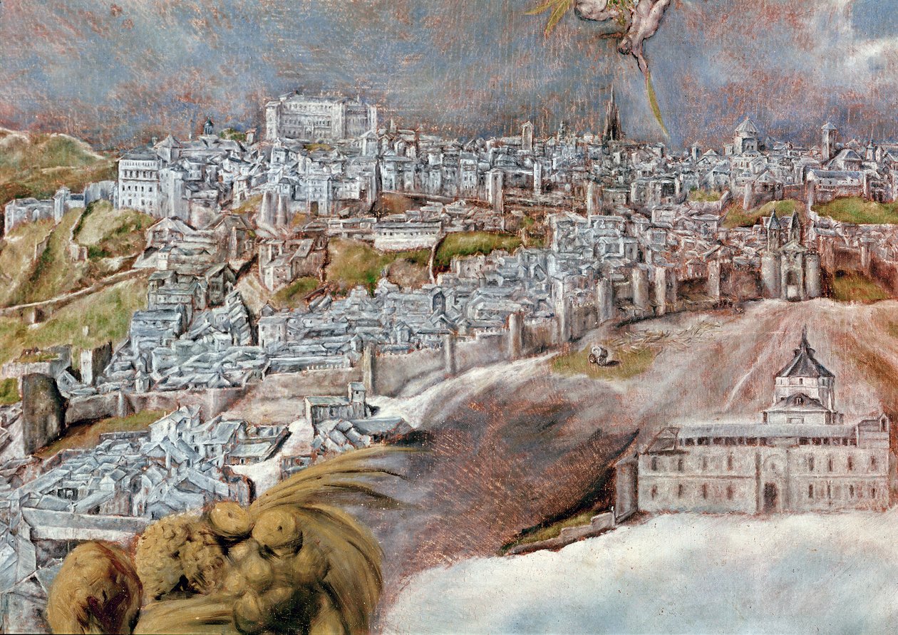 Ver e mapa da cidade de Toledo, detalhe do hospital de Tavera, 1609 (detalhe de 124615) de El Greco