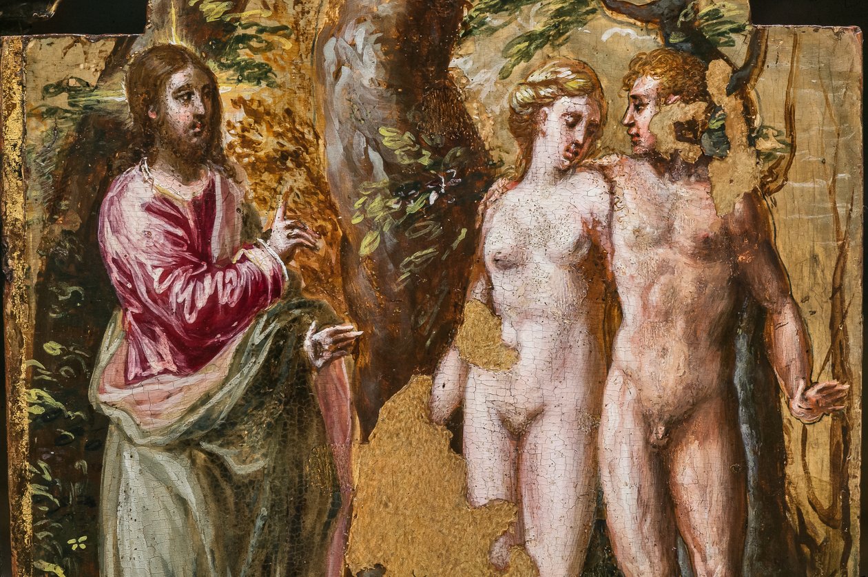Verso do altar portátil: Adm e Eva voltados para o Pai Eterno, detalhe de 2384587 (tempera grassa no painel) de El Greco