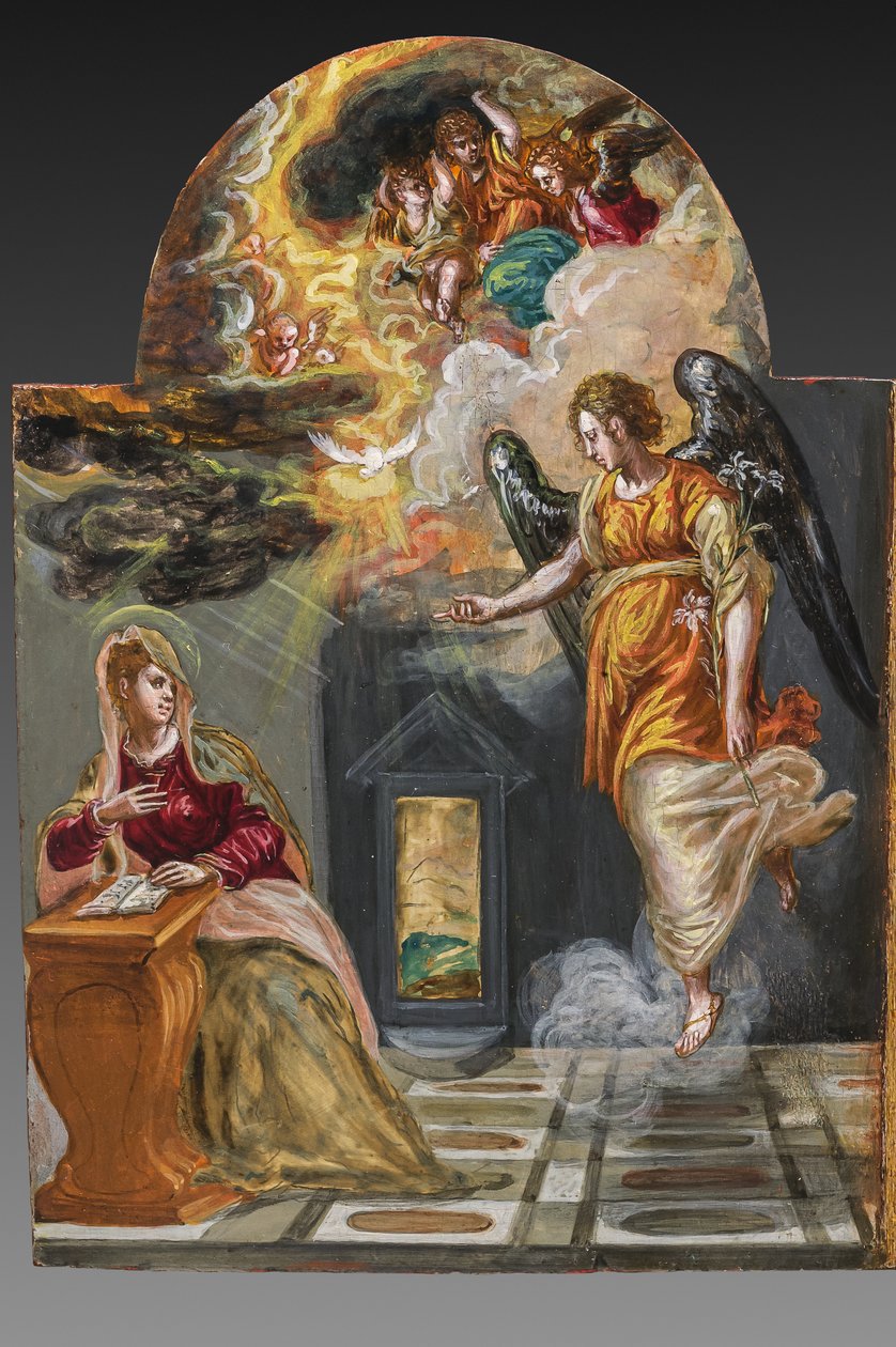 Altar portátil, painel da porta esquerda no verso: Anunciação, detalhe de 2384587 (tempera grassa no painel) de El Greco