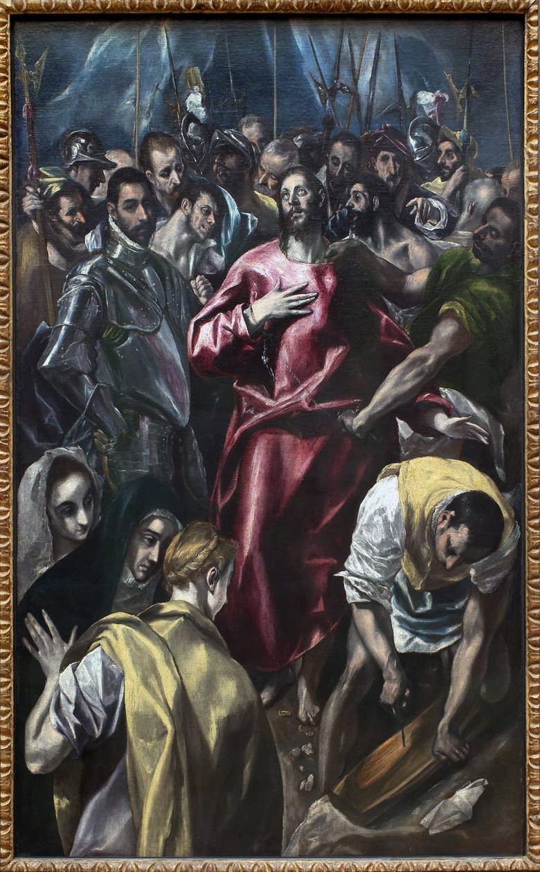 Cristo despojado da sua túnica. Pintura de Domenikos Theotokopoulos chamada The Greco (1541-1614), óleo sobre tela, entre 1583 e 1584 (99 x 165 cm). Arte espanhola de El Greco