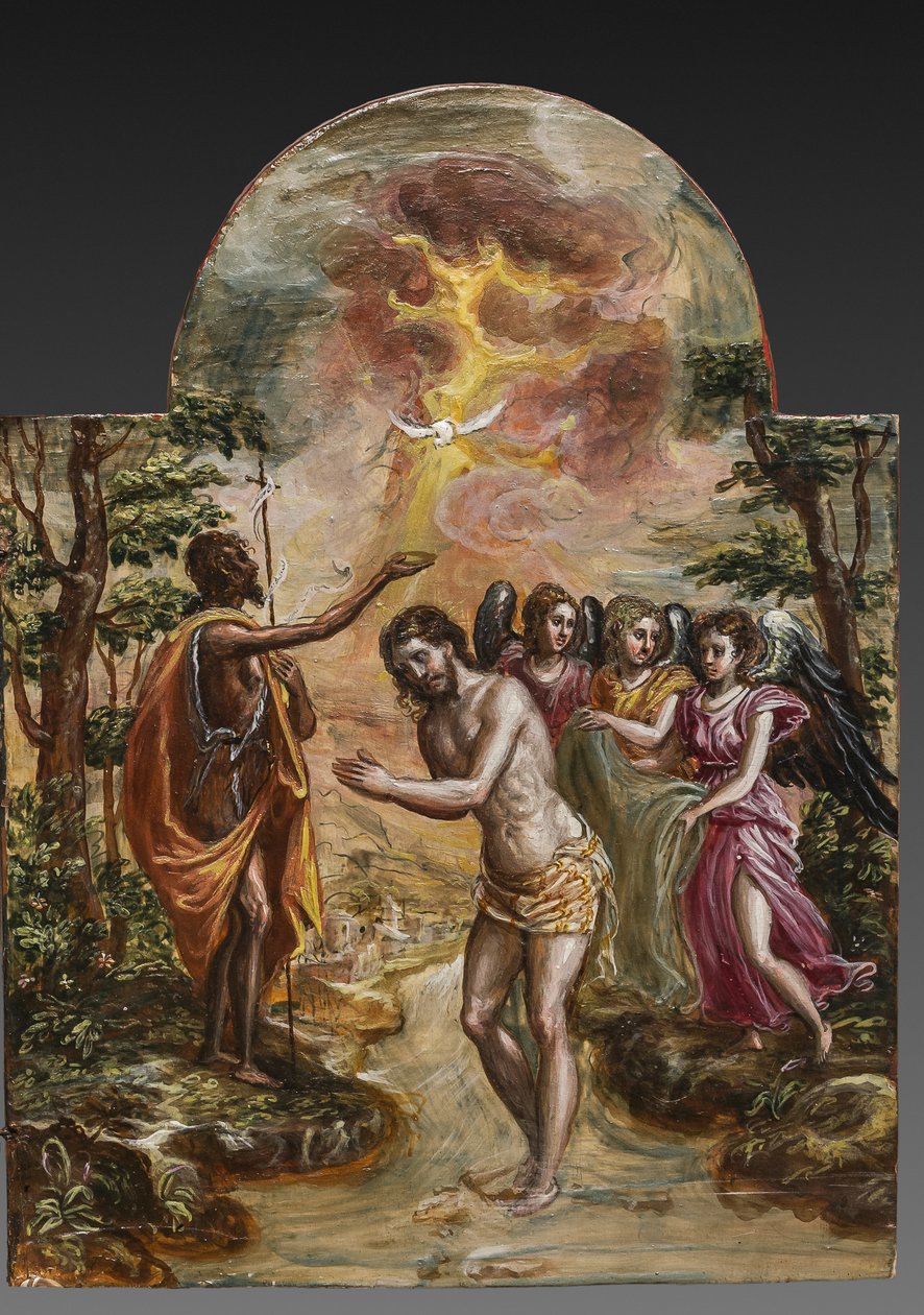 Altar portátil: painel da porta direita representando o Batismo de Cristo, detalhe de 2384586 (tempera grassa no painel) de El Greco