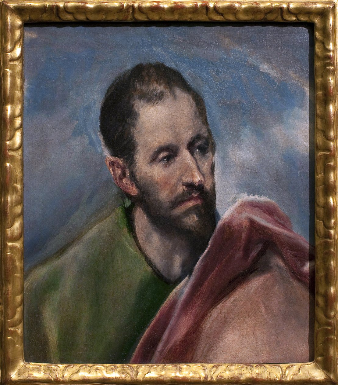 Estudar para a cabeça de um homem. São Tiago o Menor (Tiago de Alfeia, apóstolo de Jesus). Pintura de Domenikos Theokopoulos dit El Greco (1541-1614), óleo sobre tela, cerca de 1580-1585. Arte espanhola de El Greco