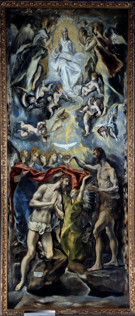 O Batismo de Cristo Pintura por Domenikos Theotokopoulos dit El Greco (1541-1614) 1596 Sol. 3,5x1,44 m Madrid, Museu do Prado de El Greco
