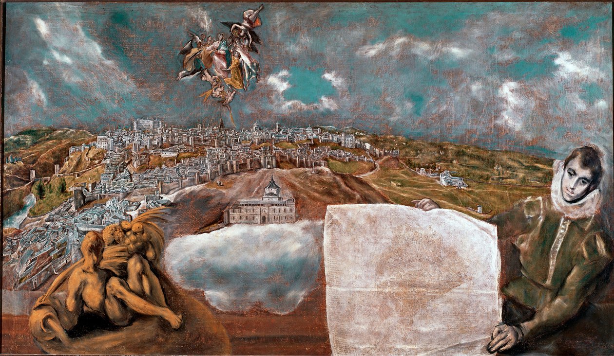 Vista da Cidade de Toledo (Toledo) em Espanha e do avião abaixo à direita Pintura de Domenikos Theotokopoulos dit El Greco (1541-1614) 1608-1614 Sol. 132x228 cm Museu de Toledo de Greco de El Greco