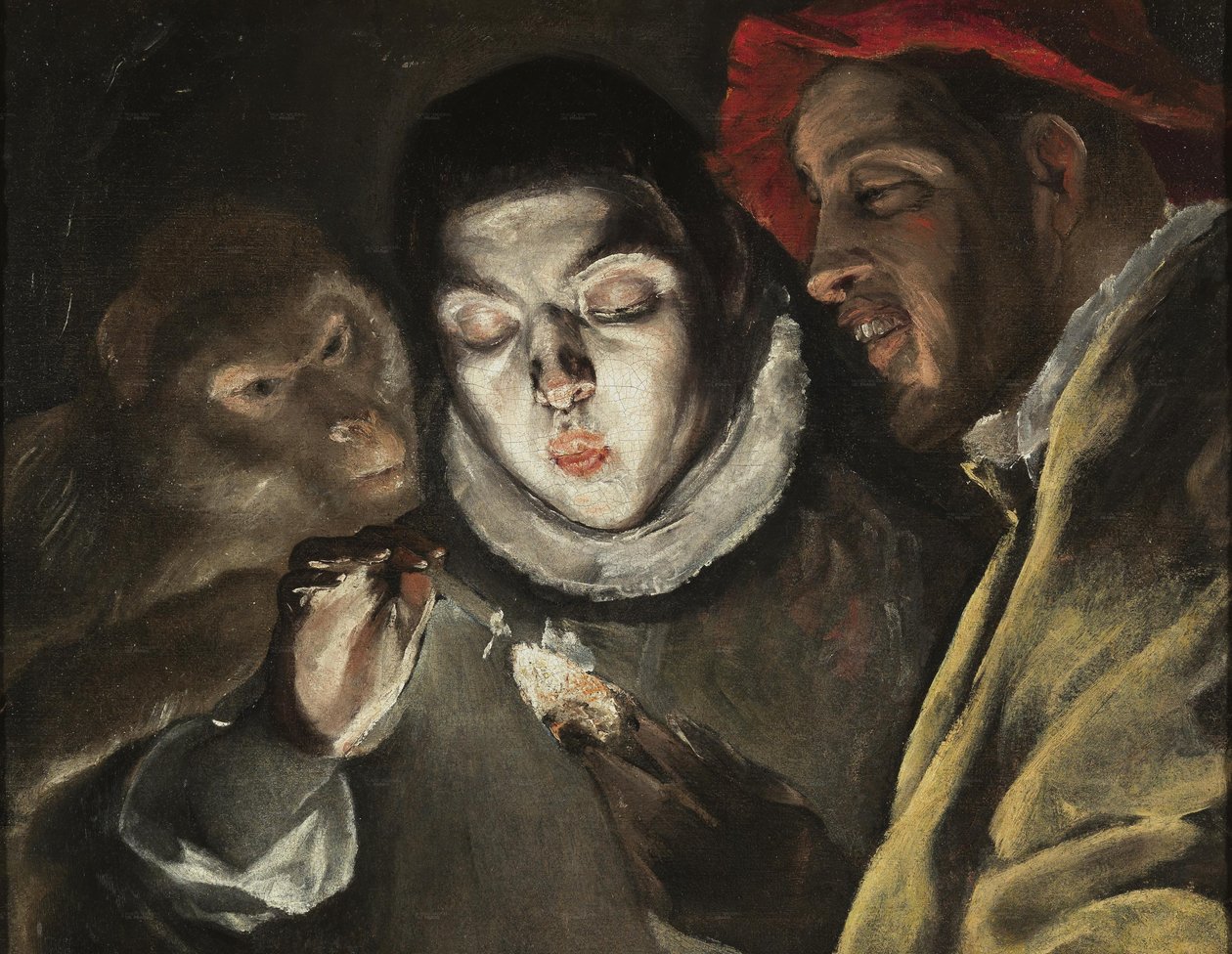 Alegoria com um menino acendendo uma vela na companhia de um macaco e um bobo (Fábula) de El Greco