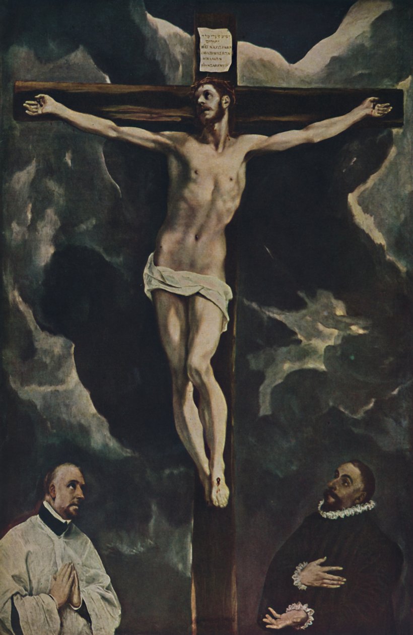 Cristo na cruz, com dois colaboradores, Cristo na cruz adorado pelos doadores, c1590, 1938 de El Greco