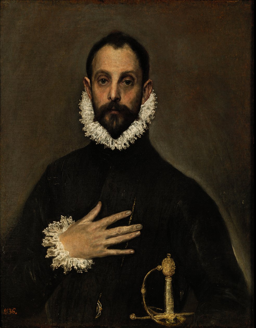 A mão do cavalheiro em seu peito de El Greco