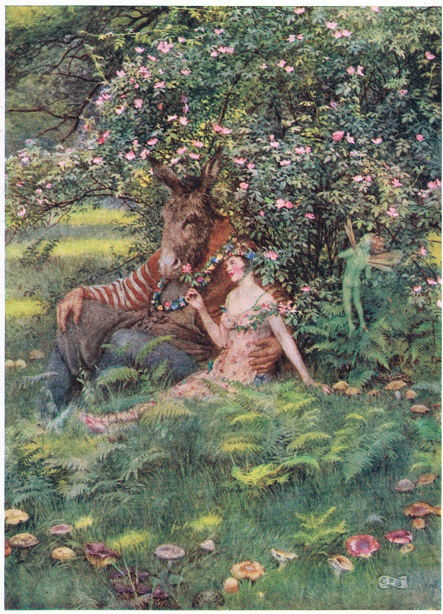 Bottom e Titania: "Venha sentar-se nesta cama florida" (litho) de Eleanor Fortescue Brickdale