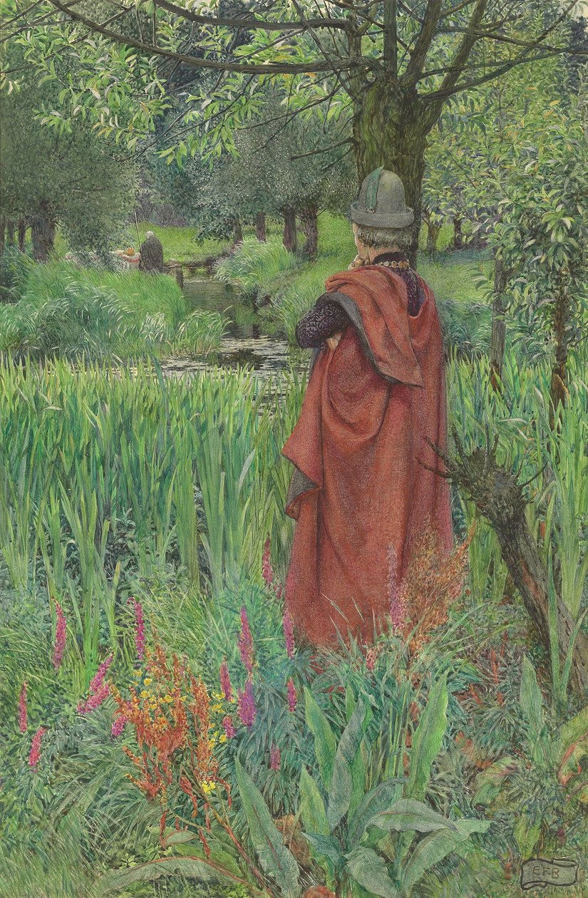 Lancelot e Elaine: Adeus, Lírio justo (lápis e aguarela realçados com corpete e riscado no papel) de Eleanor Fortescue Brickdale