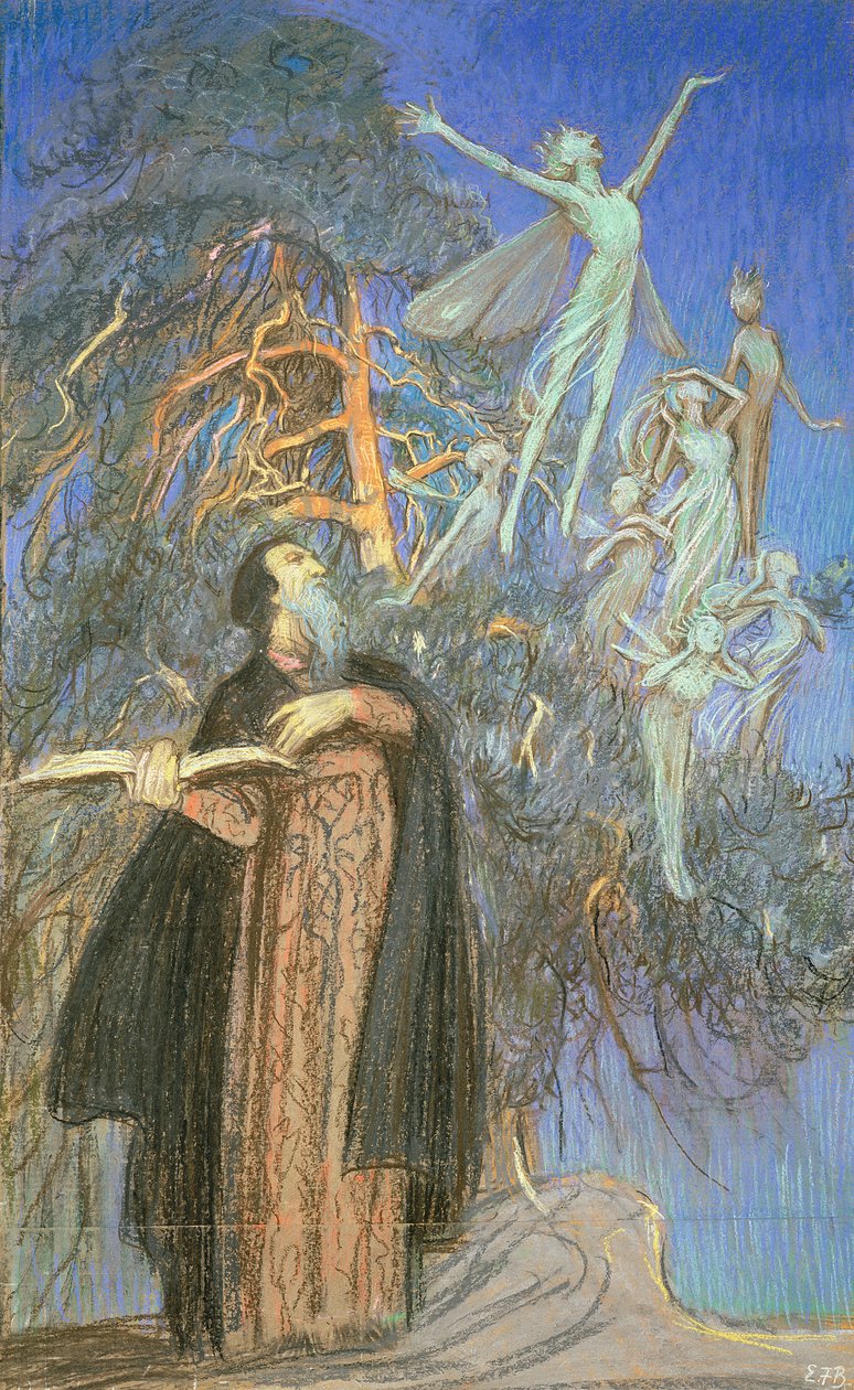 Prospero e Ariel, um estudo para uma imagem perdida encomendado para Broadcasting House, Londres, c.1931 (pastel no papel) de Eleanor Fortescue Brickdale
