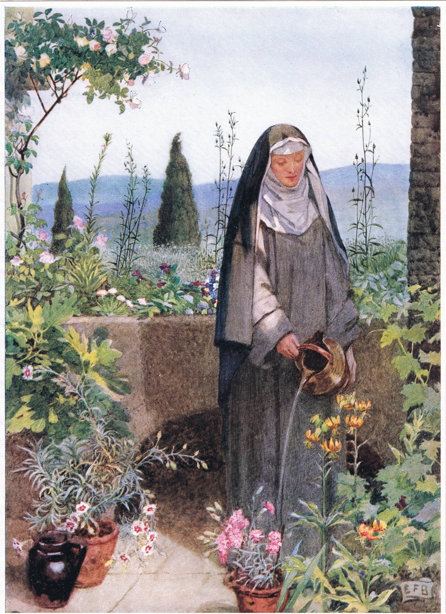Santa Clara no jardim do mosteiro que ela fundou (litho) de Eleanor Fortescue Brickdale