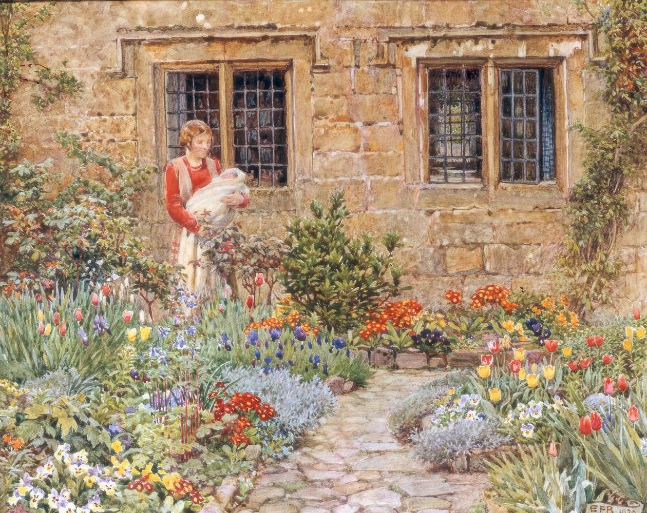 Mãe e filho em um jardim de flores de Eleanor Fortescue Brickdale