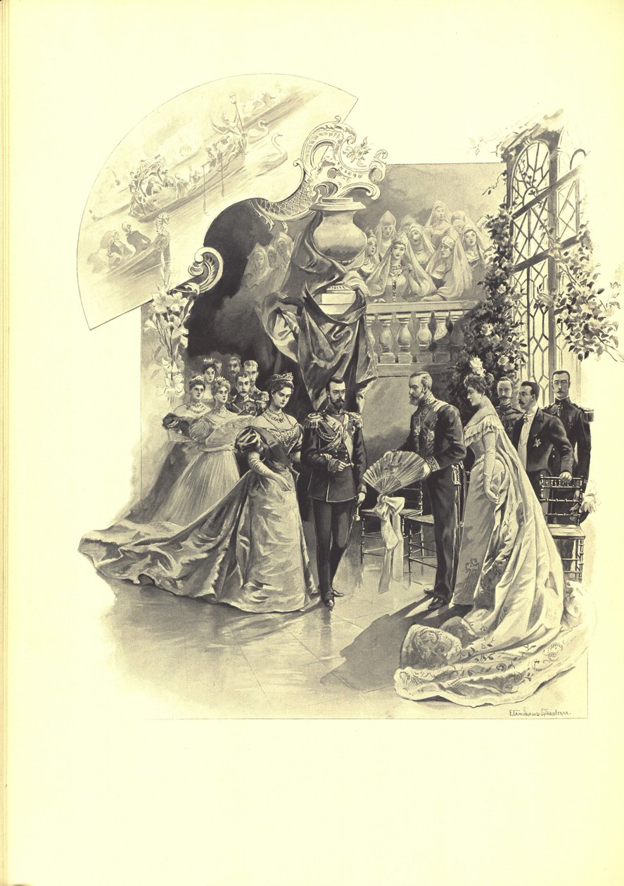 Alexandra Fyorodovna e Nicholas II durante a recepção cerimonial na Embaixada da França, 1899 de Elena Petrovna Samokish Sudkovskaya