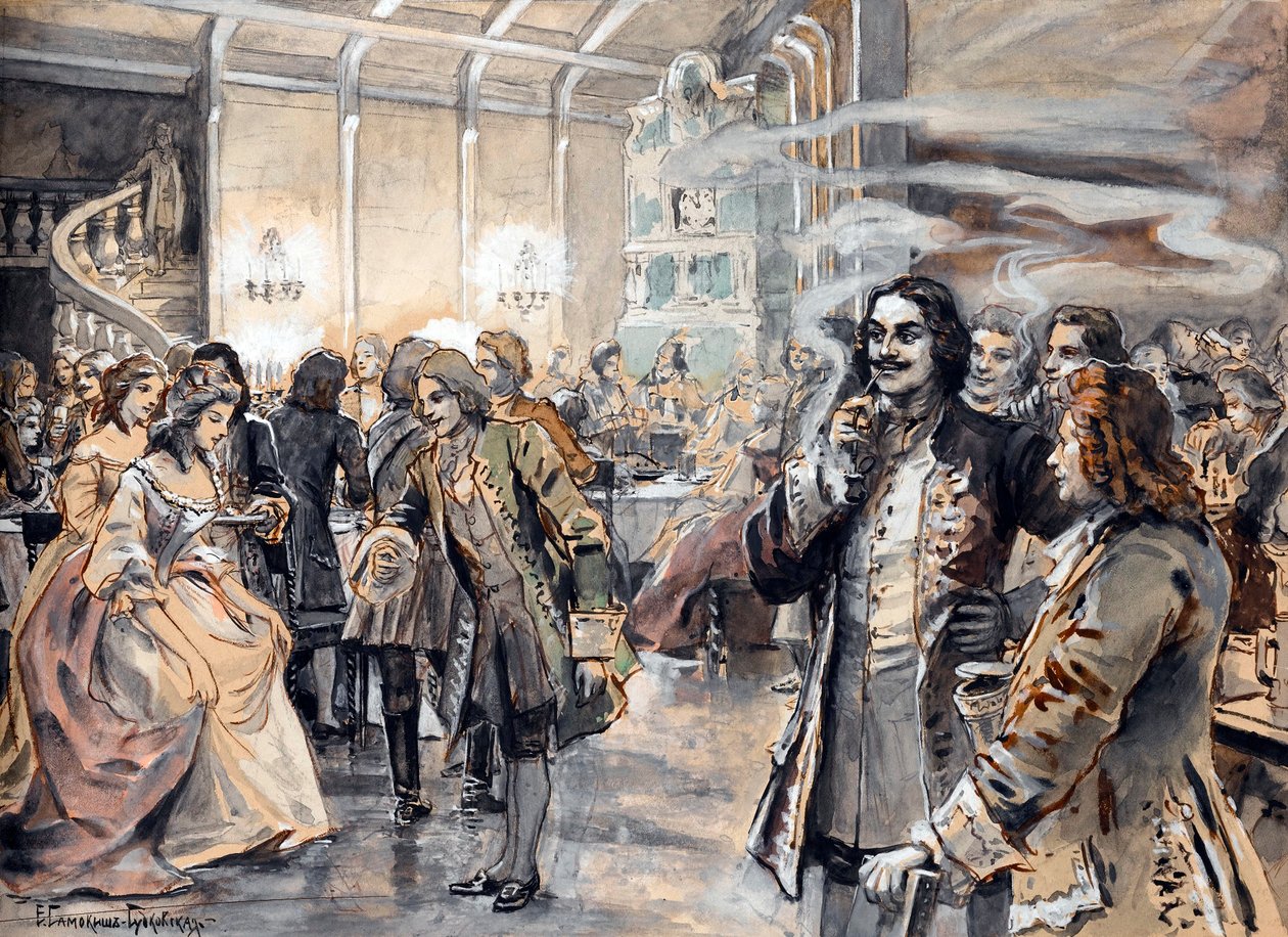 Celebrações da Páscoa no Tribunal de Pedro o Grande (Pierre le grand) - Peinture de Elena Petrovna Samokish Sudkovskaya (Samokish-Sudkovskaya)(1863-1924) - Aguarela, Gouache em papelão, 25,38x35 - Colecção Privada de Elena Petrovna Samokish Sudkovskaya