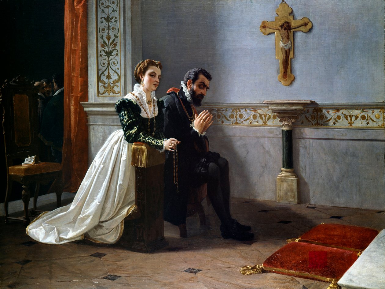 Bianca Cappello e François I de Medici (1541-1587) (Francesco Primo I de Medici) rezam diante de um crucifixo (óleo sobre tela) de Eleuterio Pagliano