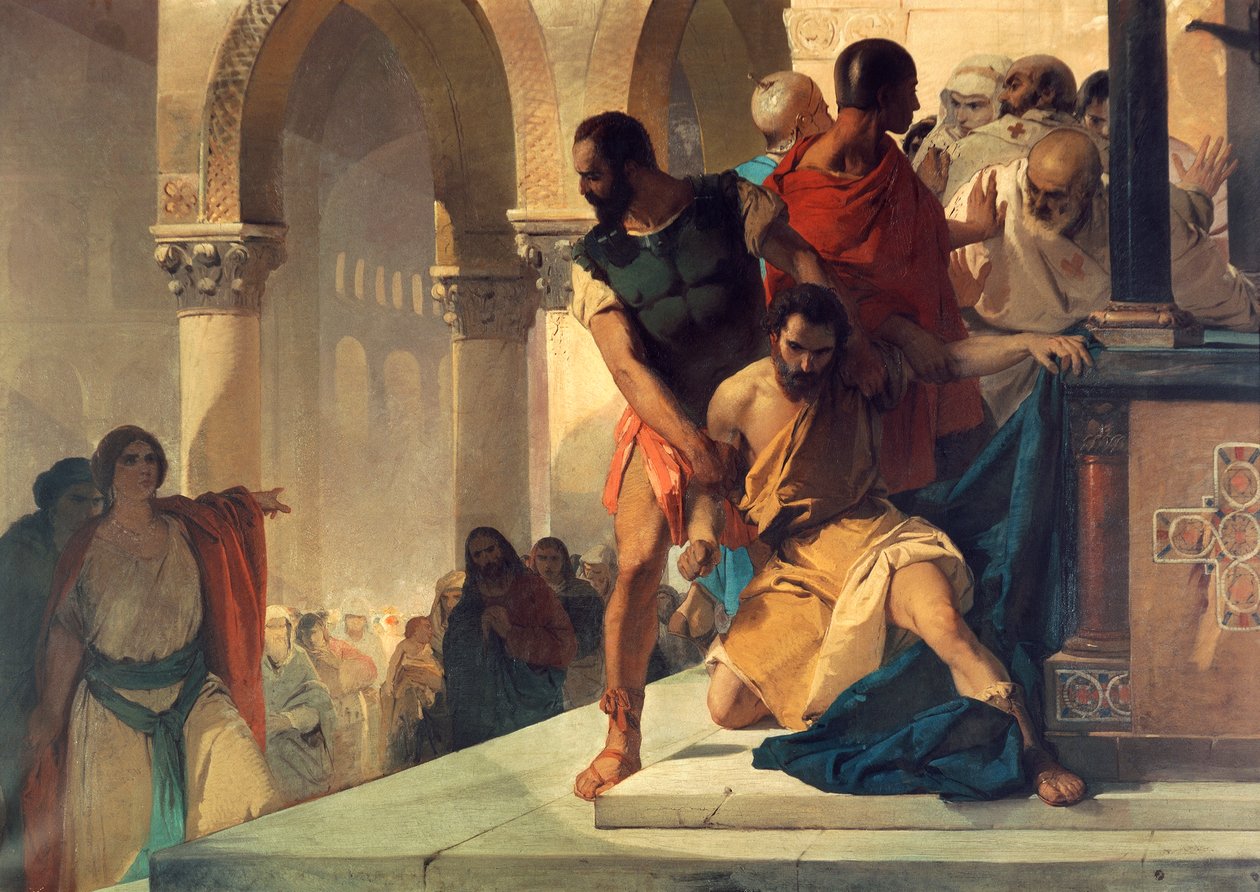 Fazio sendo arrastado do templo de Santa Sofia em Constantinopla, por Eleuterio Pagliano (1826-1903) de Eleuterio Pagliano