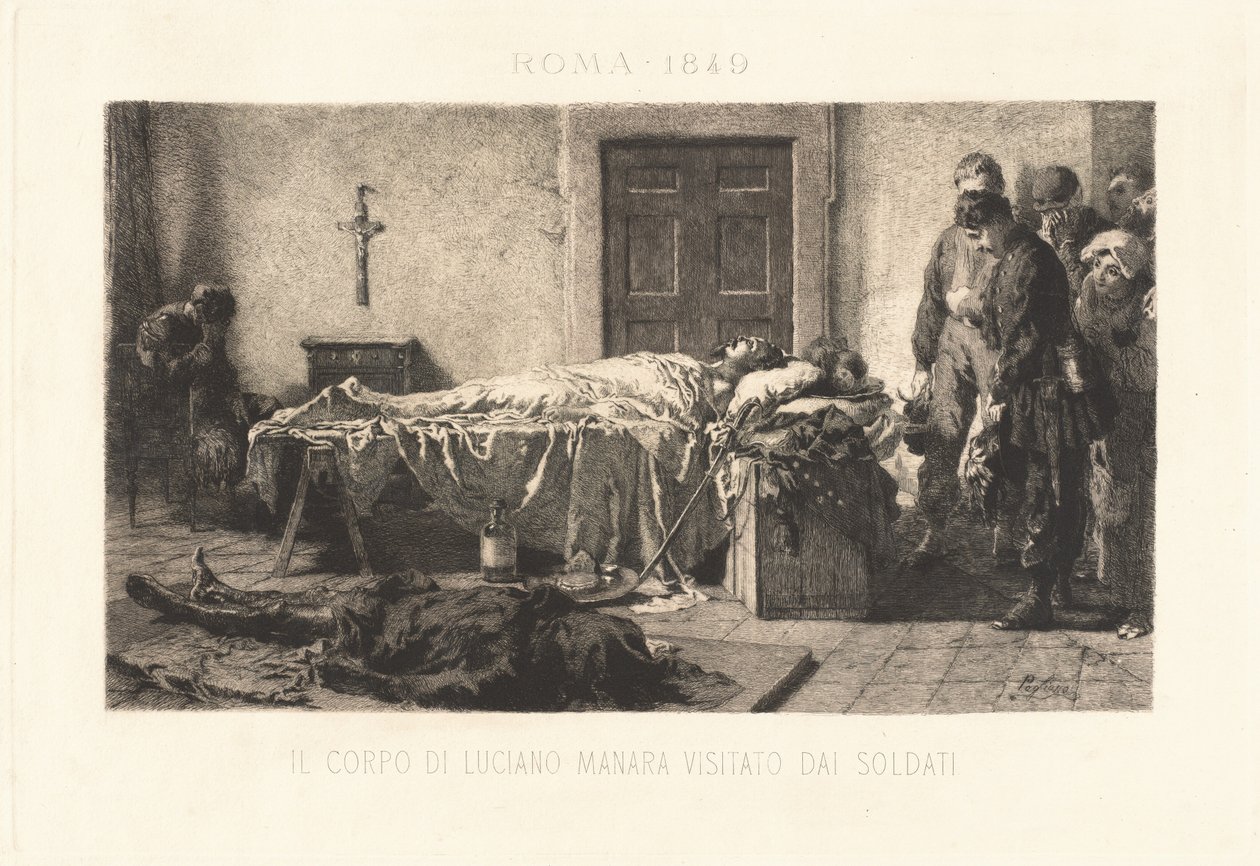 O corpo de Luciano Manara visitado por soldados de Eleuterio Pagliano