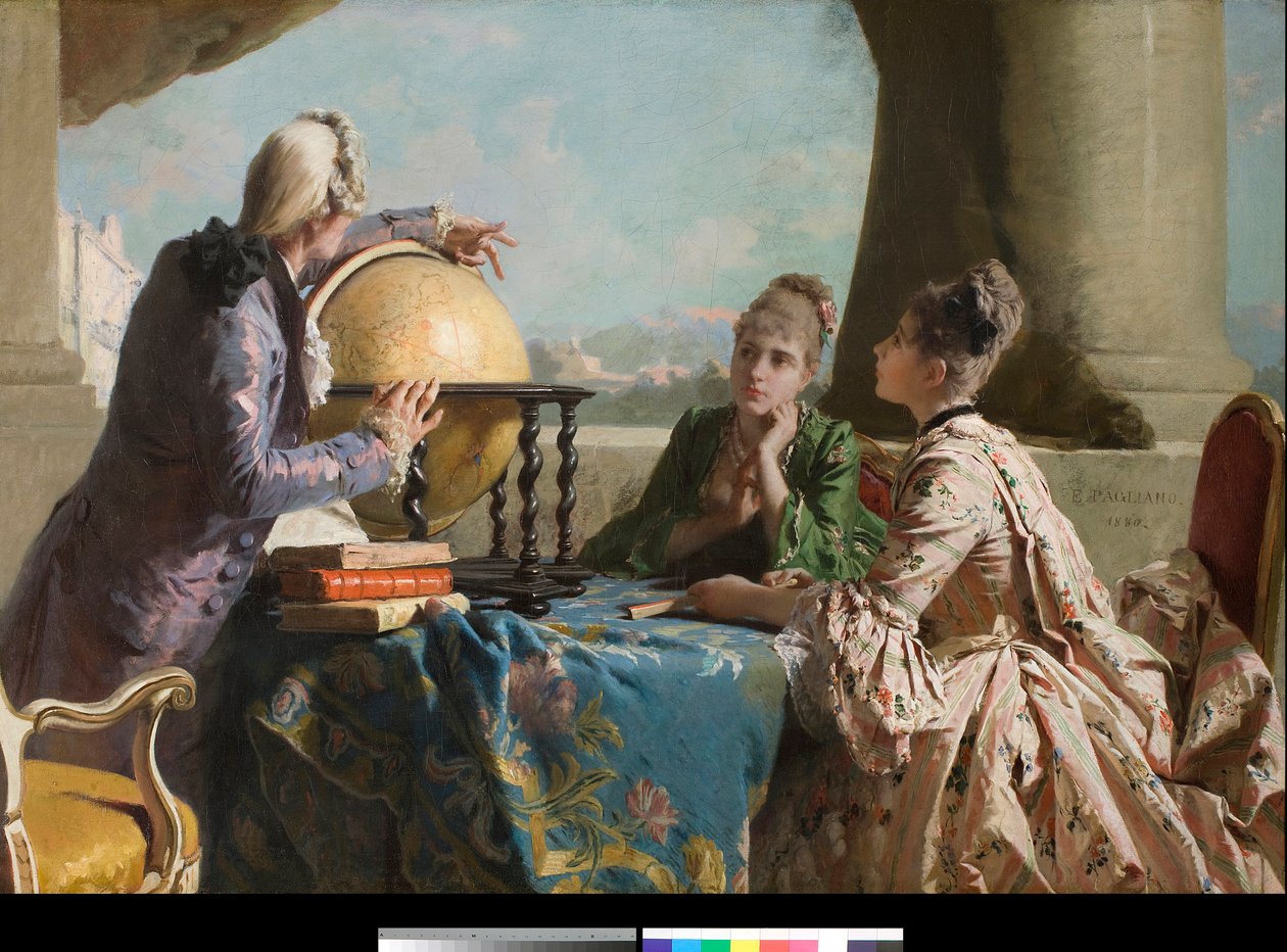 O Lecon da Geografia Duas jovens mulheres da alta sociedade e sua professora mostrando-lhes um globo de terra Pintura de Eleuterio Pagliano (1826-1903) 1880 Coleção particular de Eleuterio Pagliano
