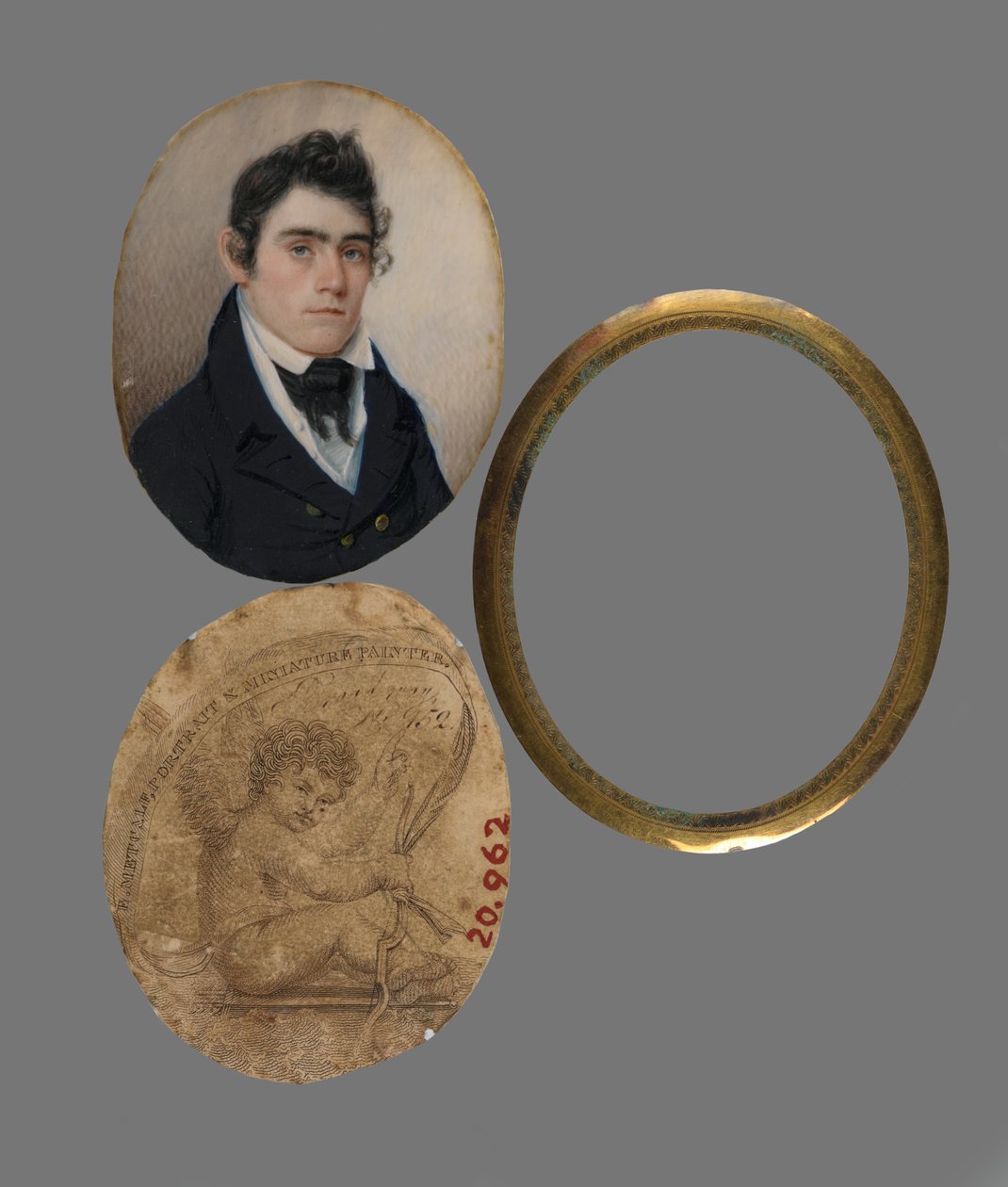 Retrato de John Haslett MD, c.1822 (wc no retrato de marfim, cartão de visita impresso (papel de suporte) e revestimento de latão e lentes) de Eliab Metcalf