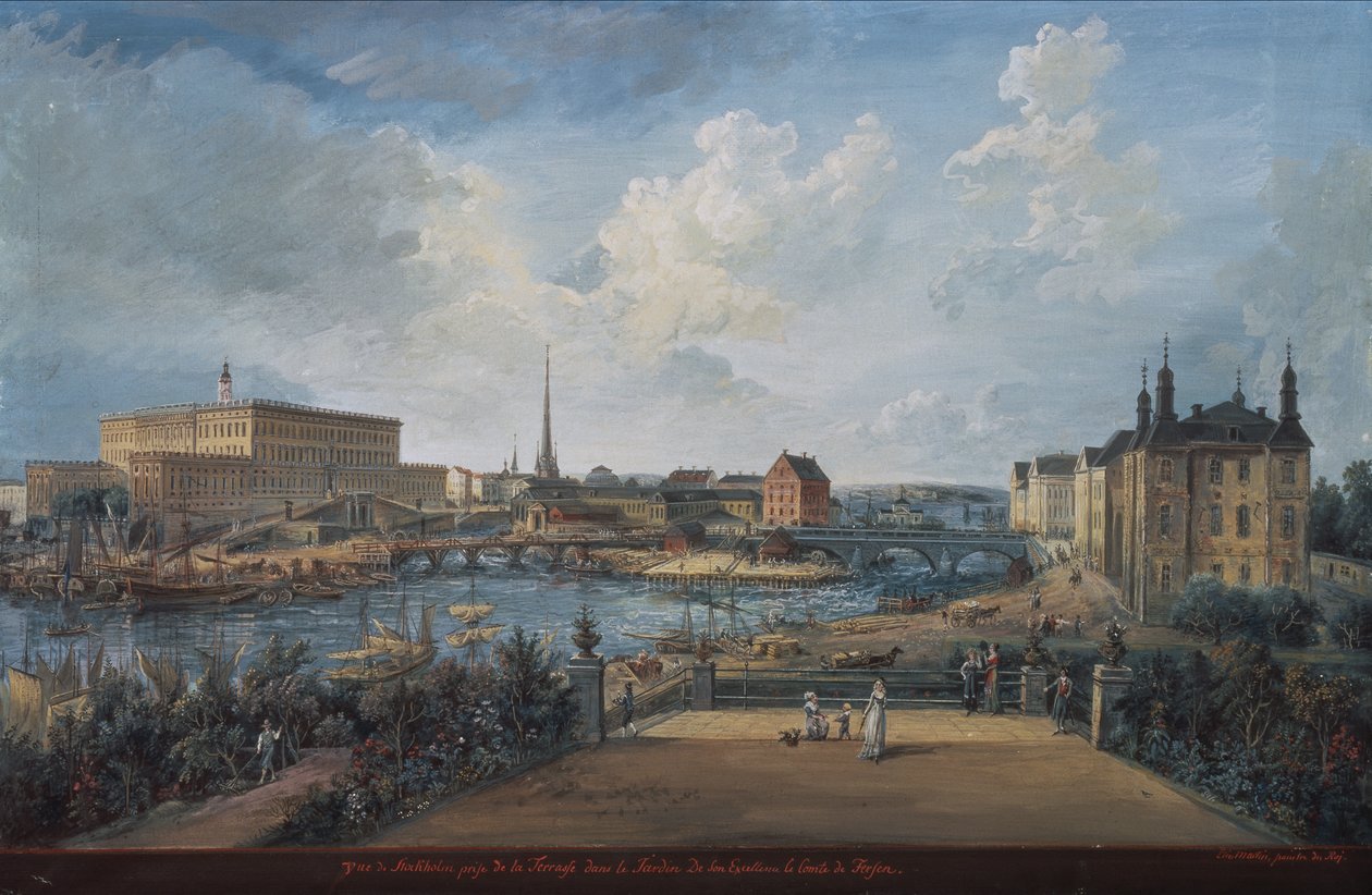 Vista de Estocolmo a partir do Terraço Fersen com o Palácio Makalos (guache sobre tela) de Elias Martin