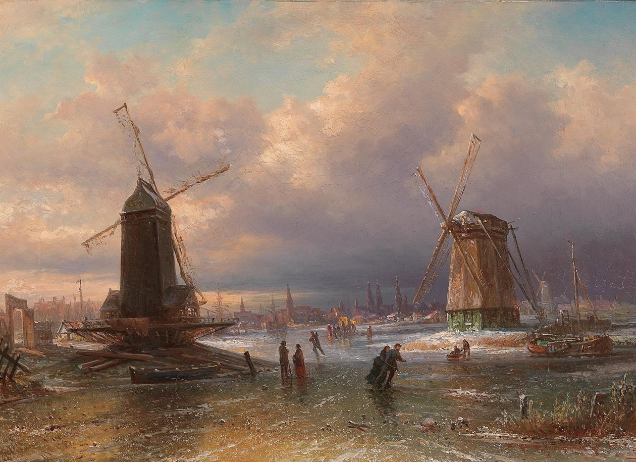 Prazeres de inverno no gelo fora de uma cidade holandesa de Elias van Bommel