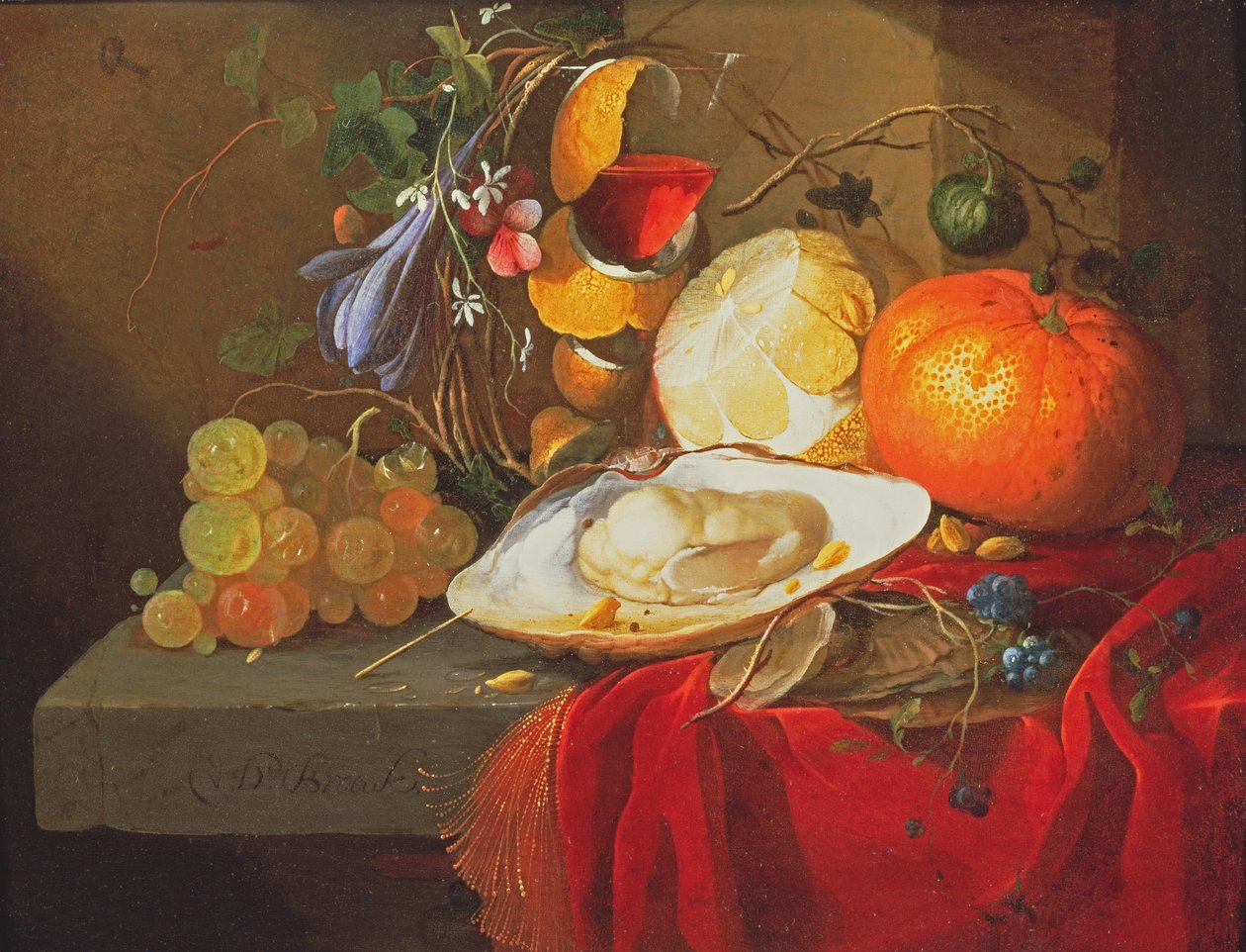 Uma ostra, um copo de vinho e frutas em uma mesa coberta com uma cortina de veludo vermelho de Elias van den Broeck