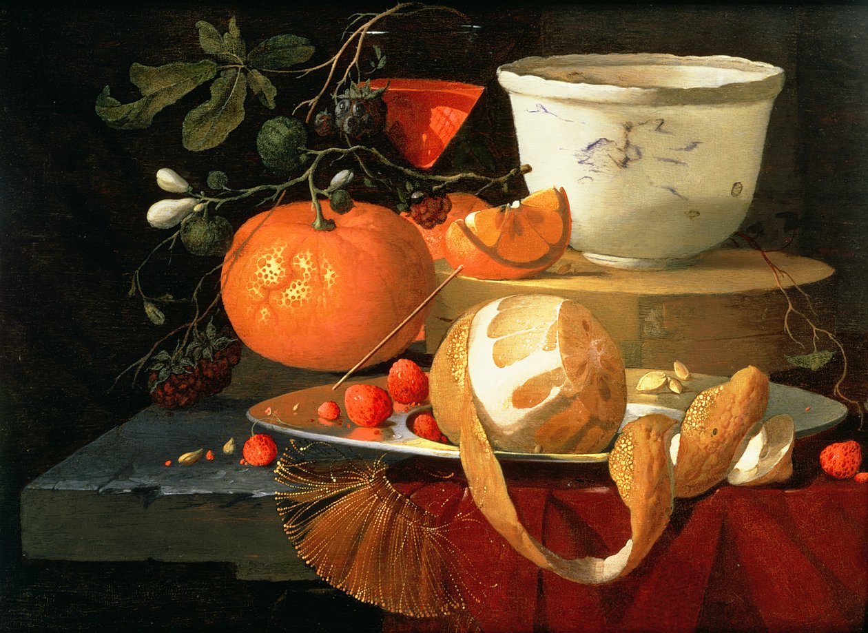 Ainda vida de uma laranja, um limão e morango em um prato de estanho, uma tigela wan-li por trás de Elias van den Broeck
