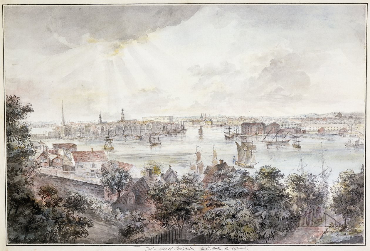 Uma vista de Estocolmo de Soder com o Palácio Real, Storkyrkan, Riddarholmskykan e Tskakykan, de Elias Martin