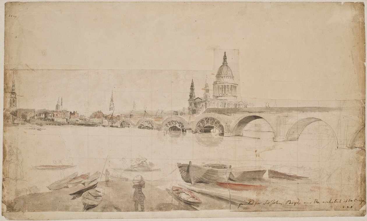 A London Bridge e a Catedral de São Paulo vistas da margem do rio Tamisa de Elias Martin