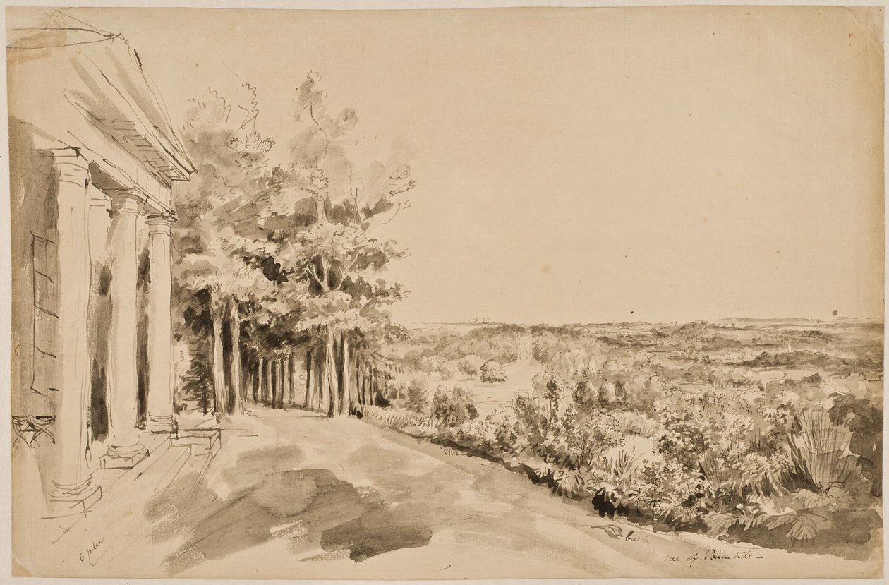 Vista do Templo de Baco, com o Templo Gótico ao fundo, em Painshill de Elias Martin
