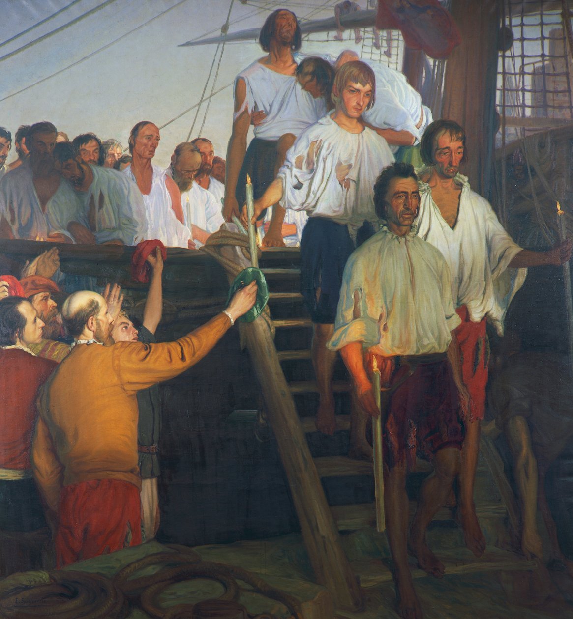 Juan Sebastian Elcano e a sua tripulação, pintura de Elias Salaverria Inchaurrandieta