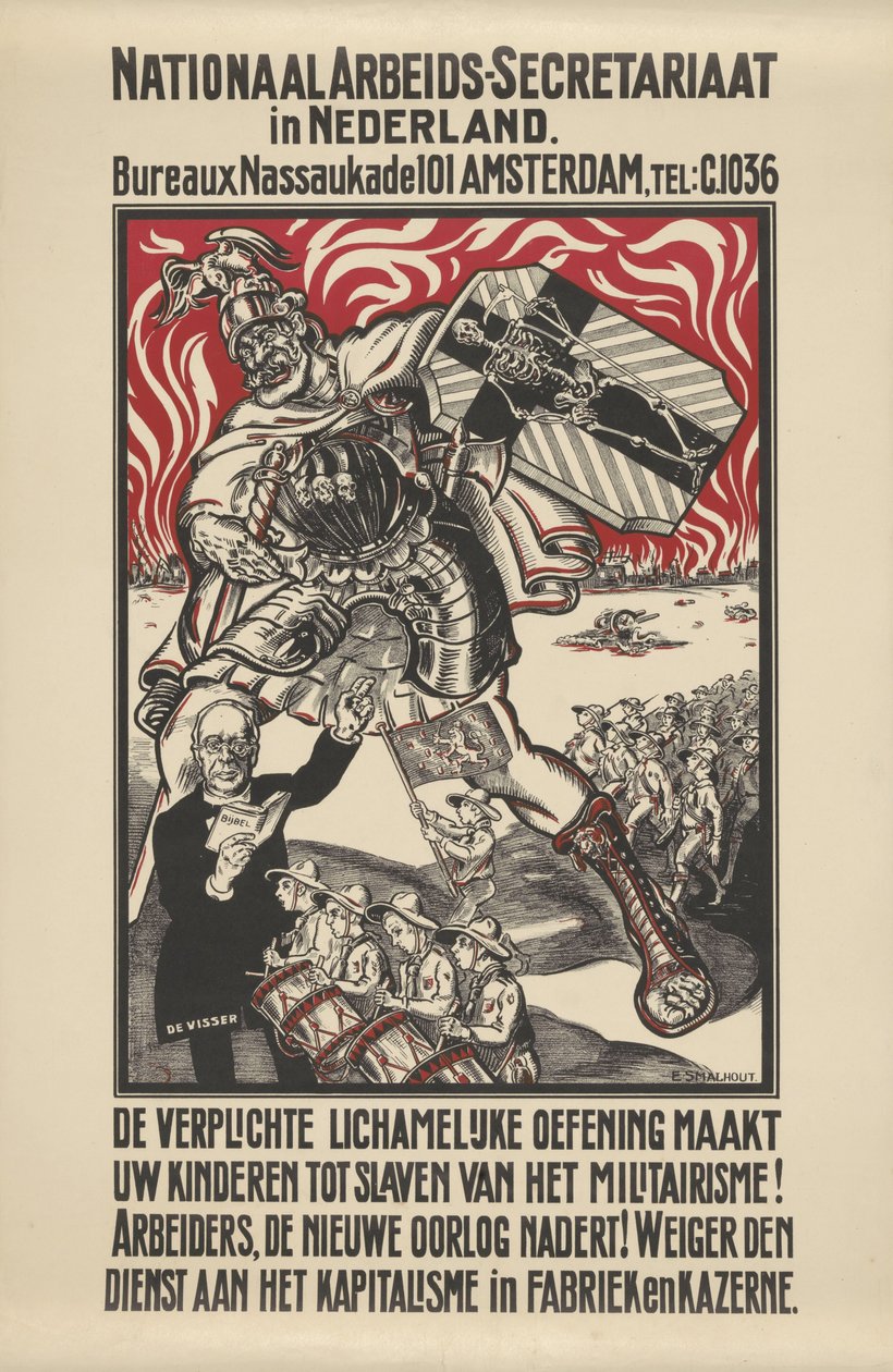 Cartaz contra o militarismo publicado pela Secretaria Nacional dos Trabalhadores na Holanda de Elias Smalhout