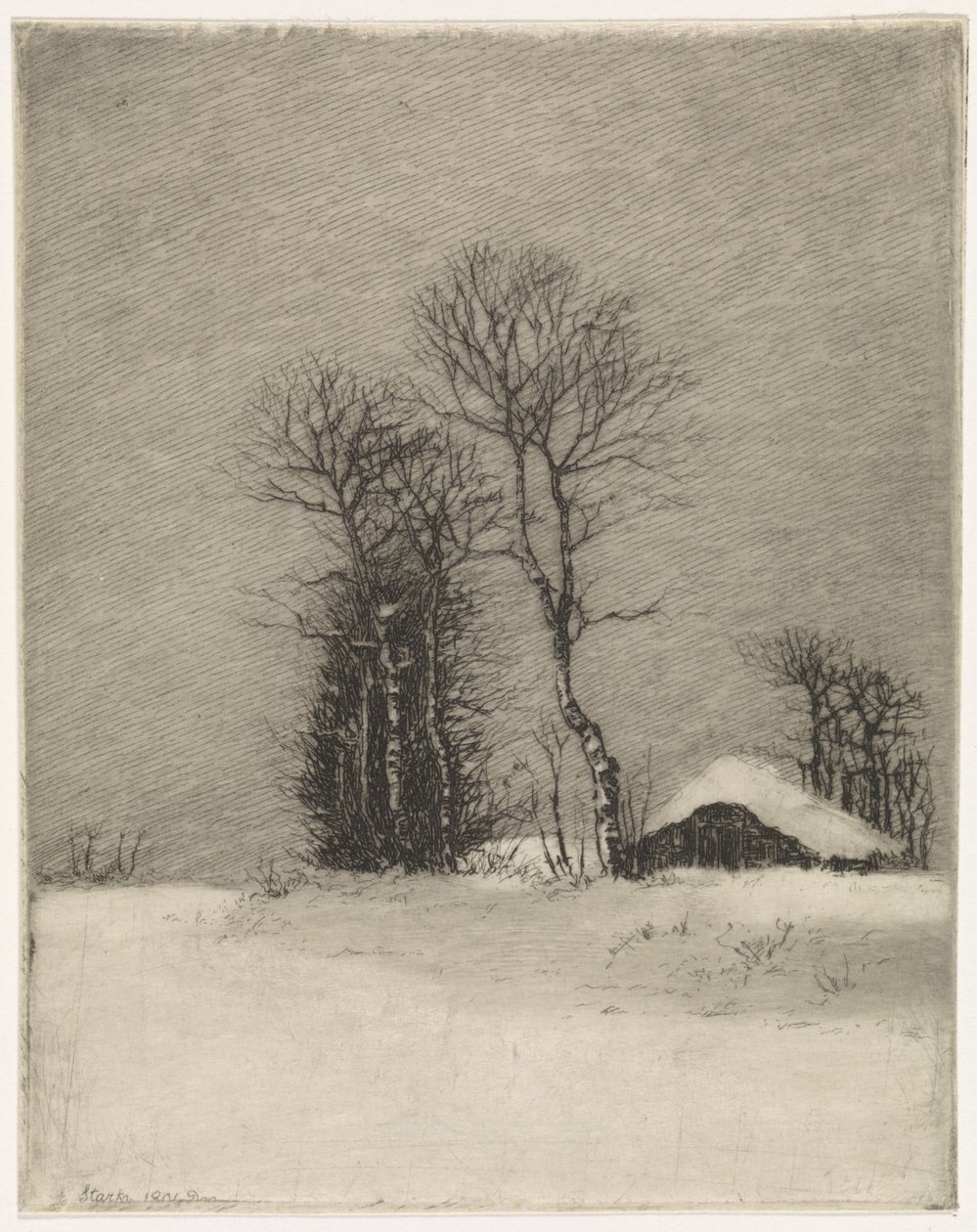 Paisagem de inverno com fazenda e árvores de Elias Stark