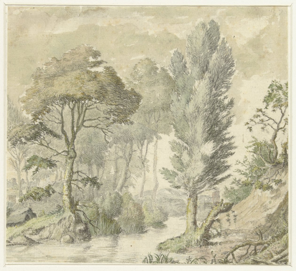 Paisagem florestal com colina à direita e água no meio de Elias van Nijmegen