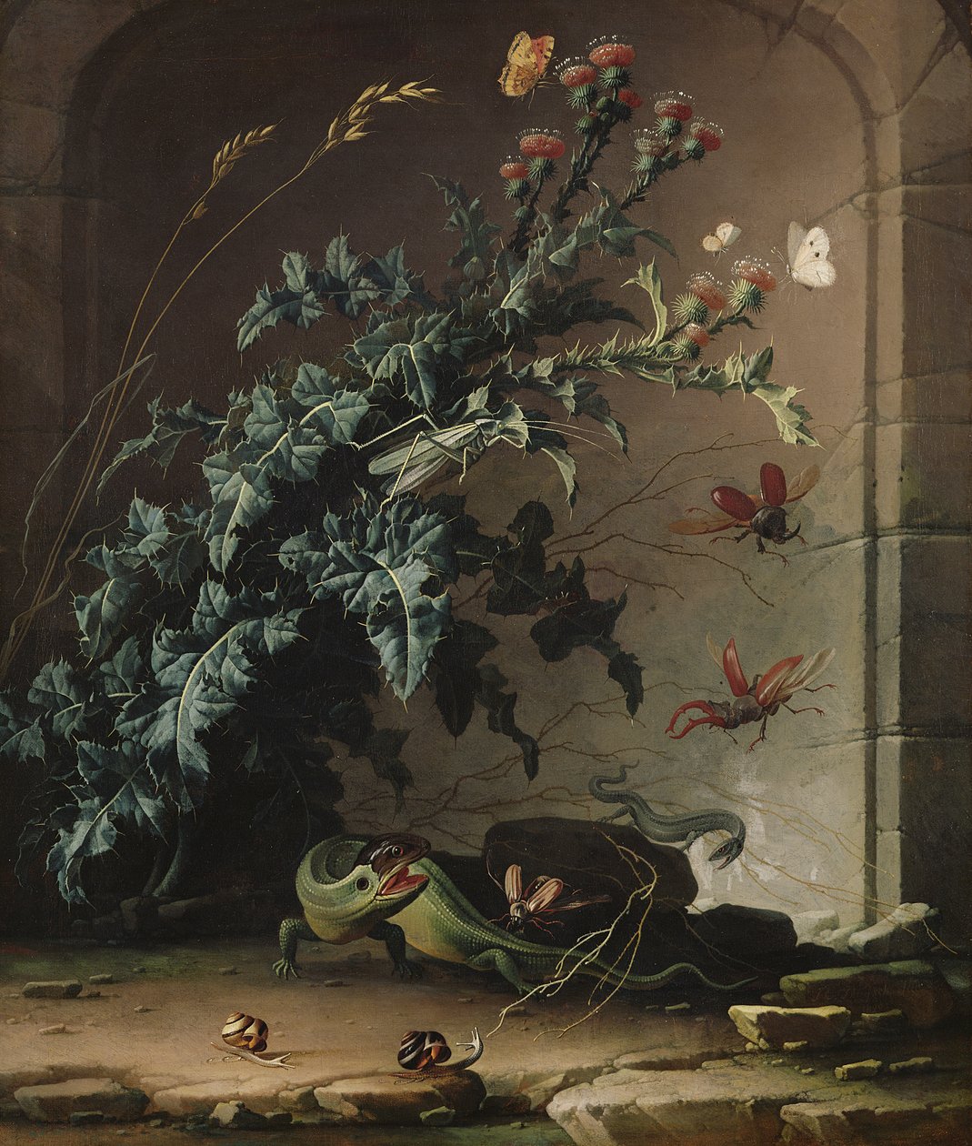 Nicho de pedra com cardo, lagarto e insetos, 1690 de Elias van den Broeck